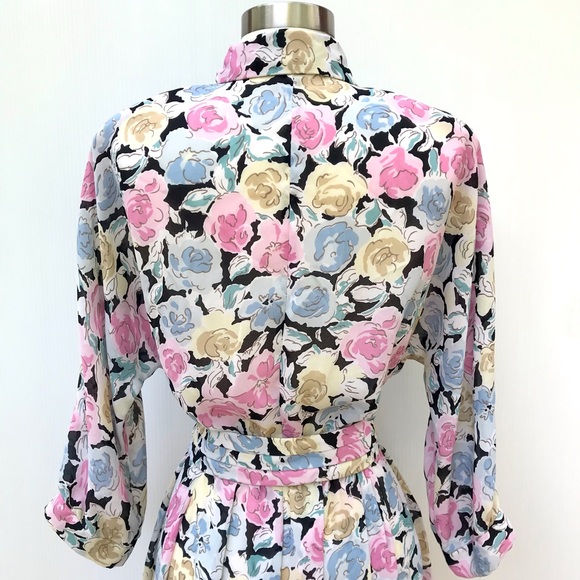 Vintage 80’s black & pastel roses floral secretary dress - Picture 5 of 9